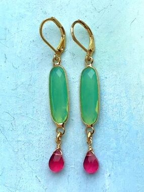 Chalcedony bezel rubellite tourmaline quartz 24k gold plated Earrings